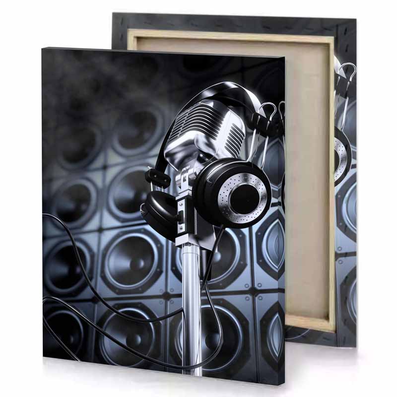 a microphone with stand in the background slate gray canvas