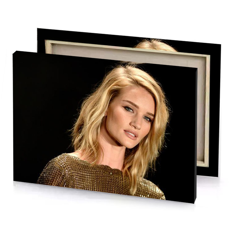 a model with blonde hair and gold dress black canvas