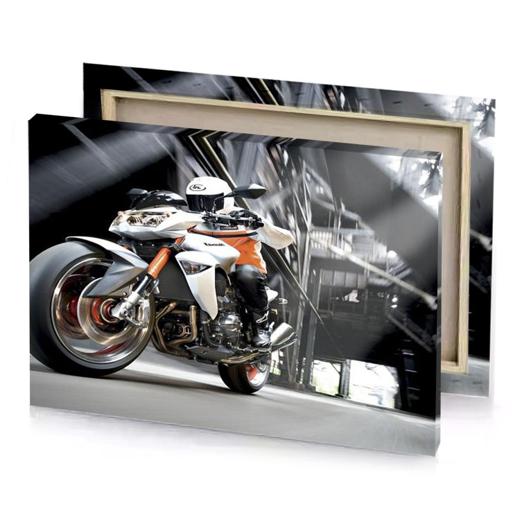 a motorcycle is driving down street in the dark charcoal canvas