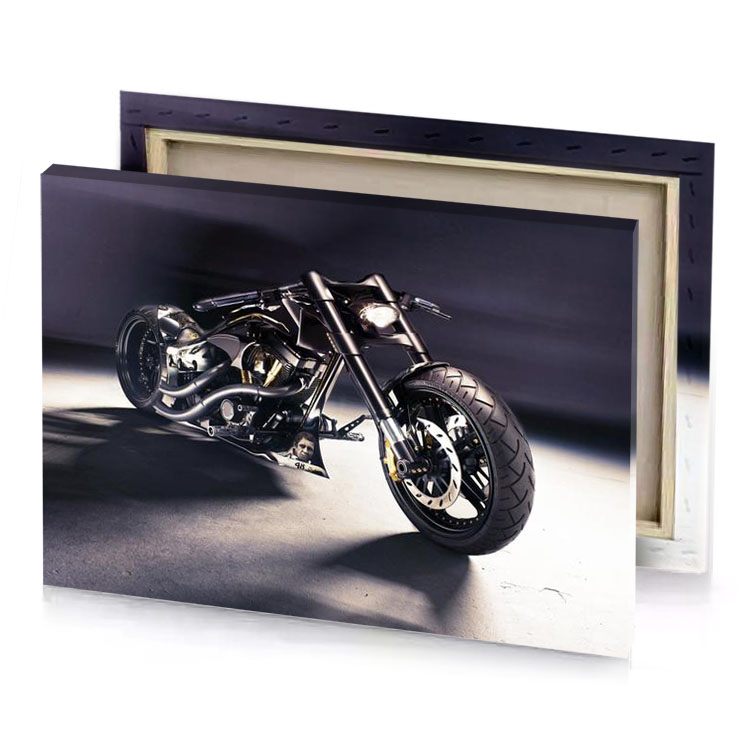 a motorcycle is parked in dark room smoky black canvas