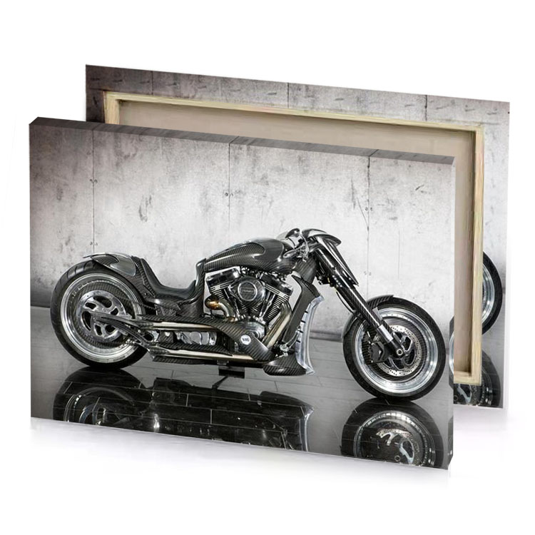 a motorcycle is parked in room with concrete wall platinum canvas