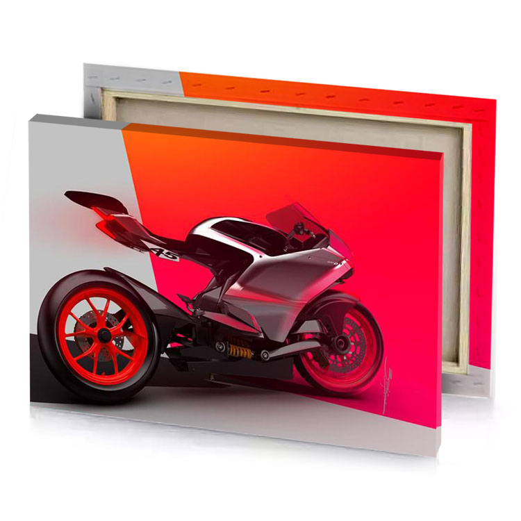 a motorcycle is shown in red and black color lust canvas