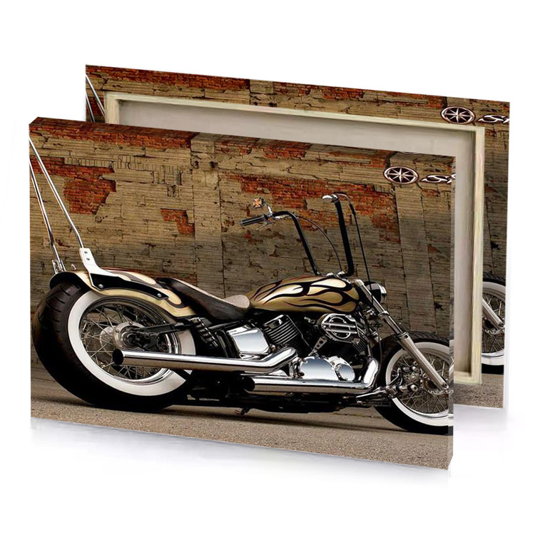 a motorcycle parked in front of brick wall smoky black canvas