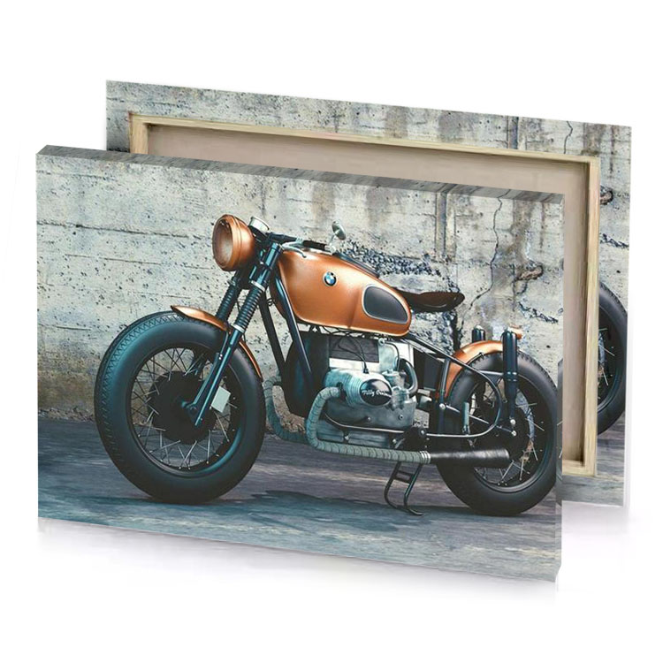 a motorcycle parked in front of brick wall taupe canvas