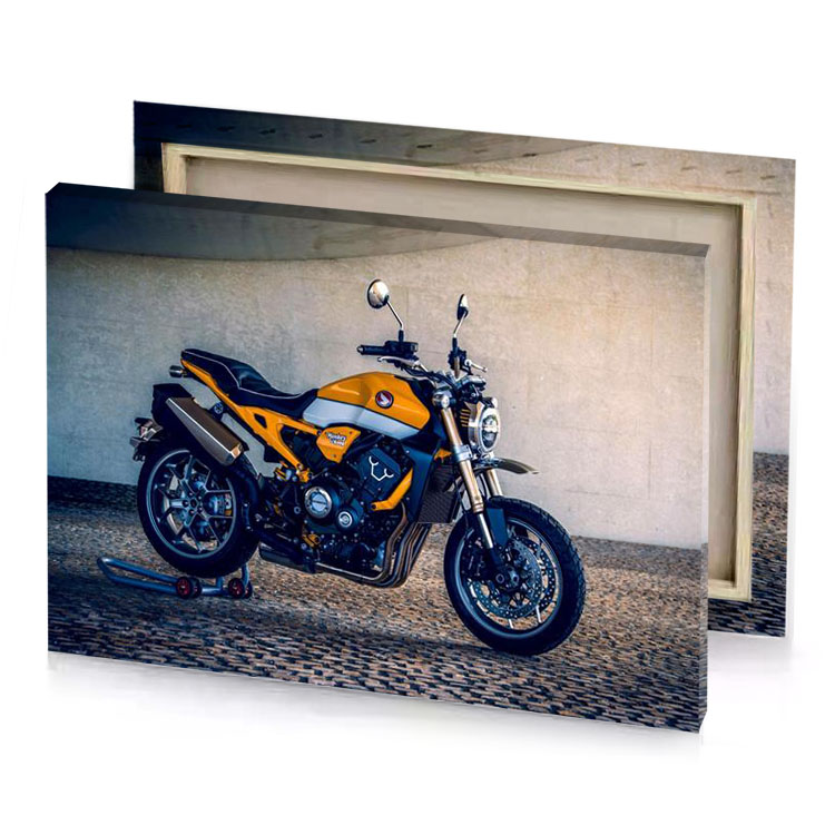 a motorcycle parked in front of building bronze canvas