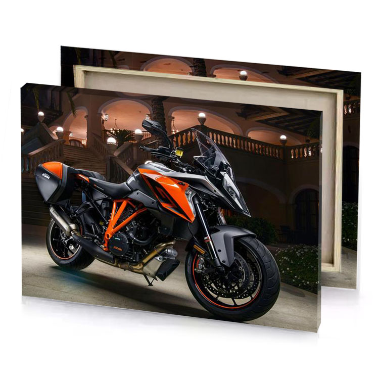 a motorcycle parked in front of house flame canvas