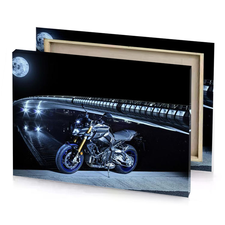 a motorcycle parked in front of train dark slate blue canvas