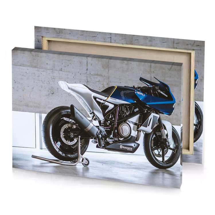 a motorcycle parked in garage with concrete wall bistre canvas