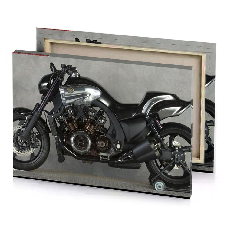a motorcycle parked in garage with gray wall smoky black canvas