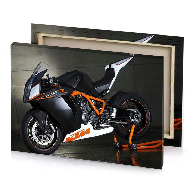 a motorcycle parked in garage with light on peru canvas