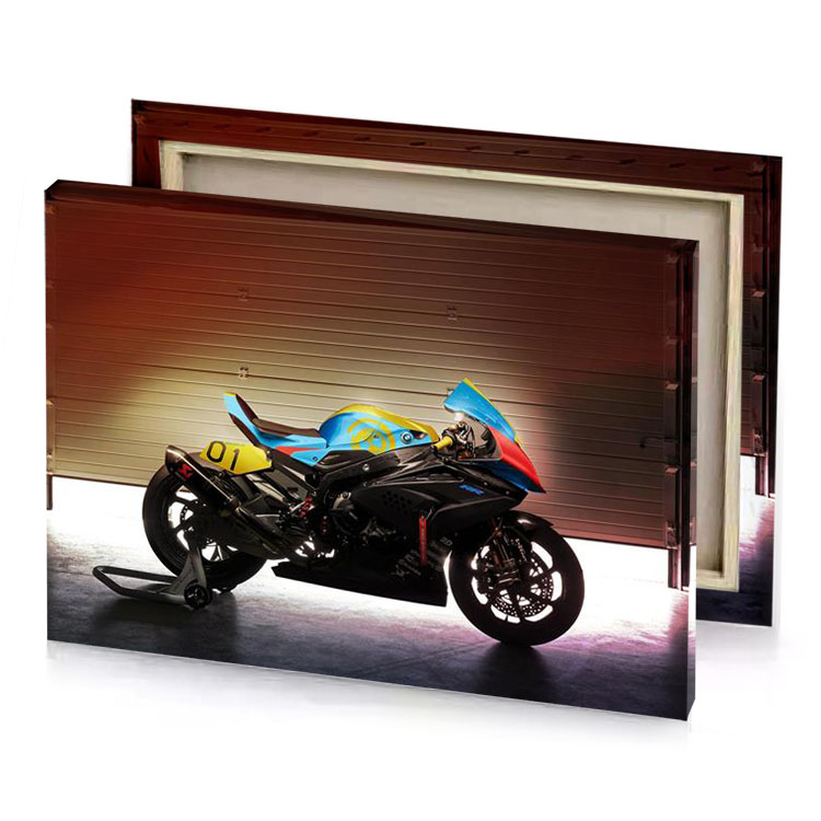 a motorcycle parked in garage with light on rosy brown canvas
