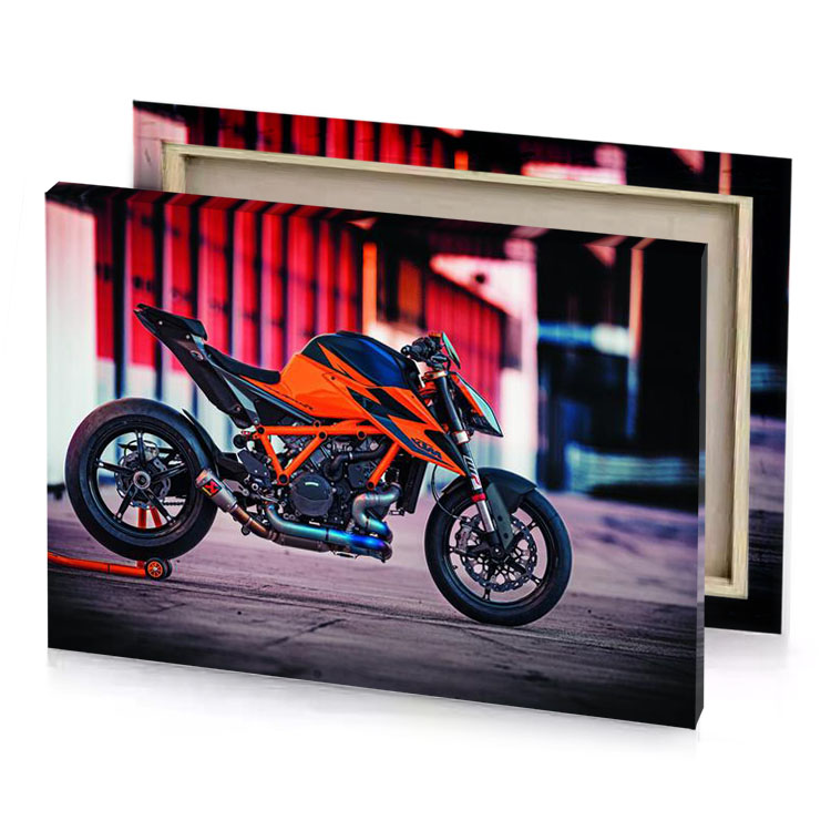 a motorcycle parked in parking area next to building orange red canvas