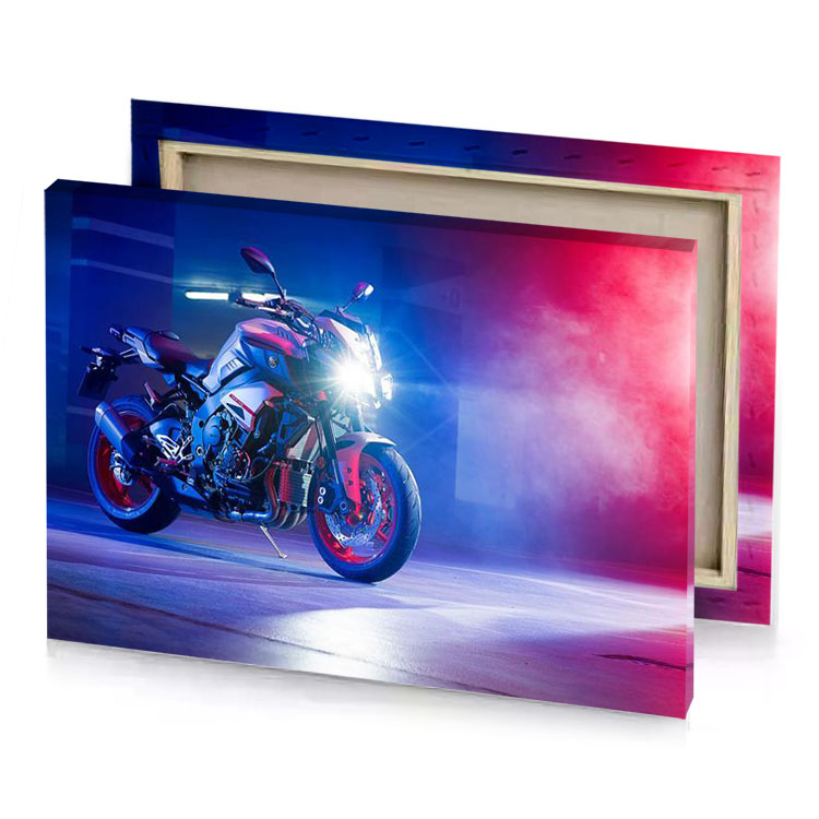 a motorcycle parked in parking with red lights royal blue canvas