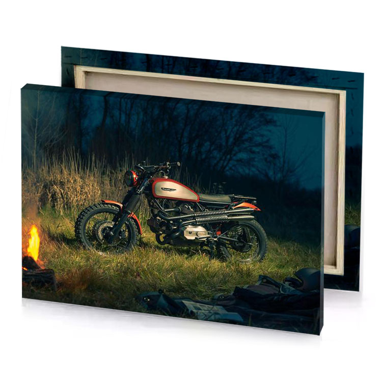 a motorcycle parked in the grass next to fire olive drab canvas
