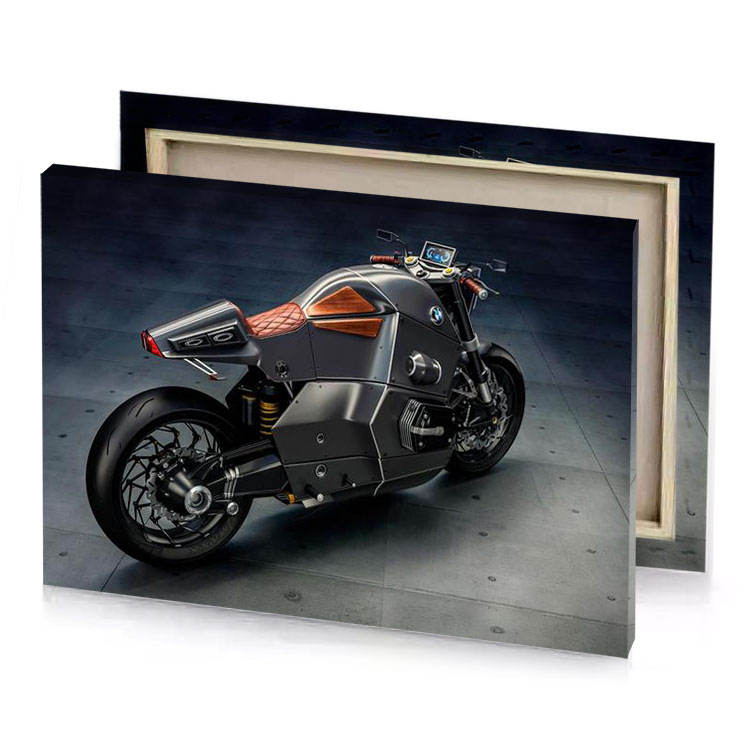 a motorcycle parked on concrete floor bistre canvas