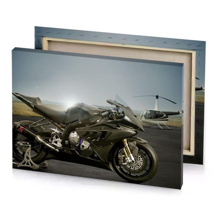 a motorcycle parked on runway with helicopter in the background silver canvas