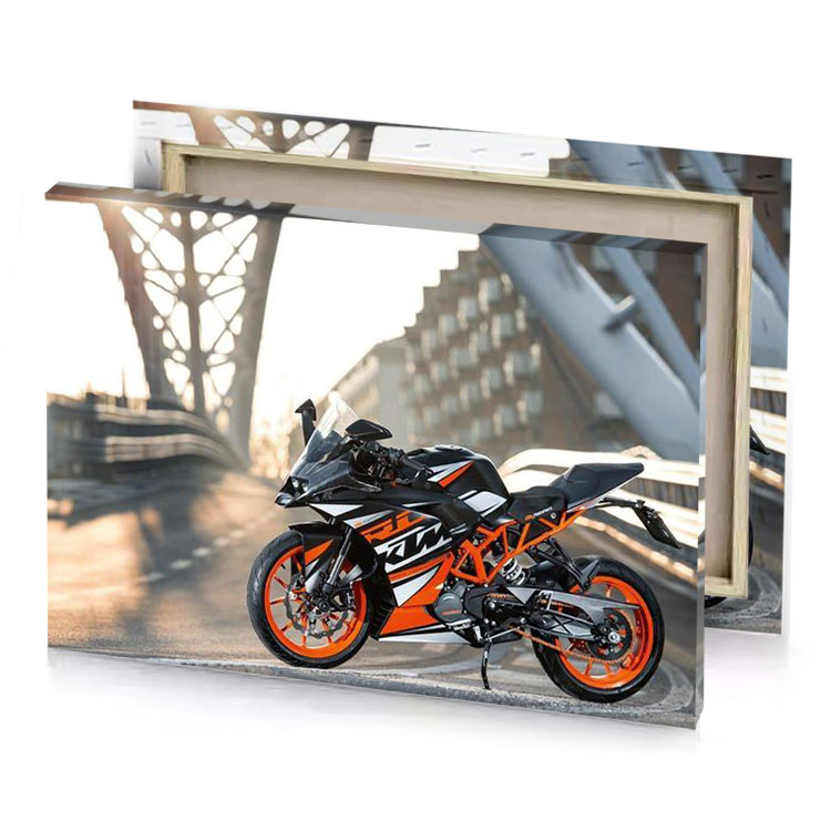 a motorcycle parked on the side of bridge white smoke canvas