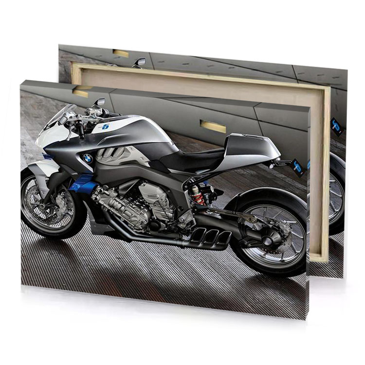 a motorcycle parked on wooden floor smoky black canvas