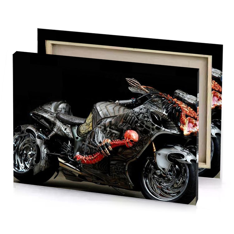 a motorcycle with skull on the back bistre canvas