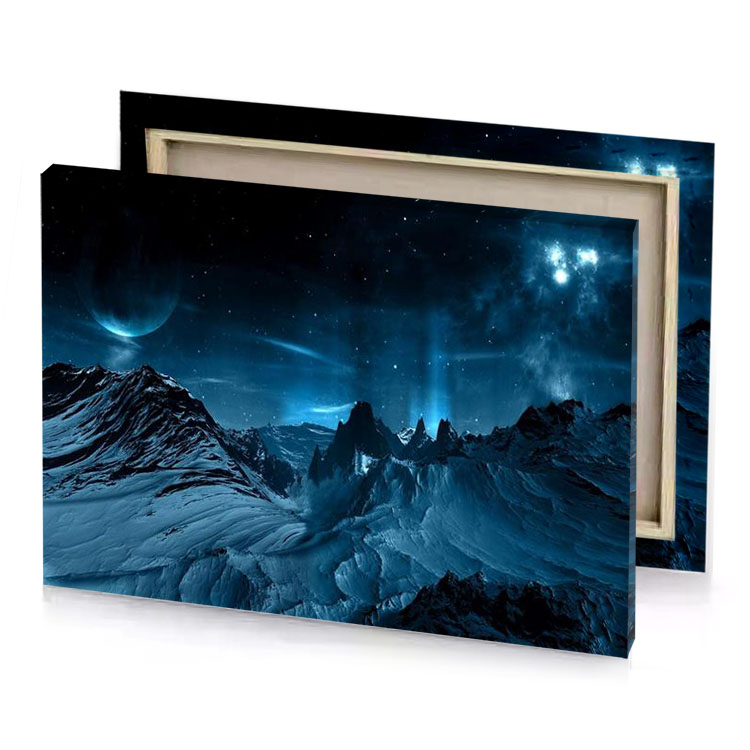 a mountain range with bright blue sky and stars prussian canvas