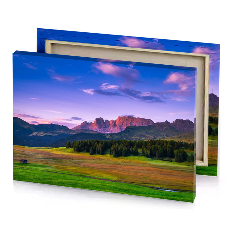 a mountain range with small house in the fore mauve canvas