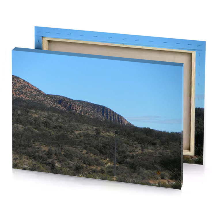 a mountain with few trees and bushes light sky blue canvas