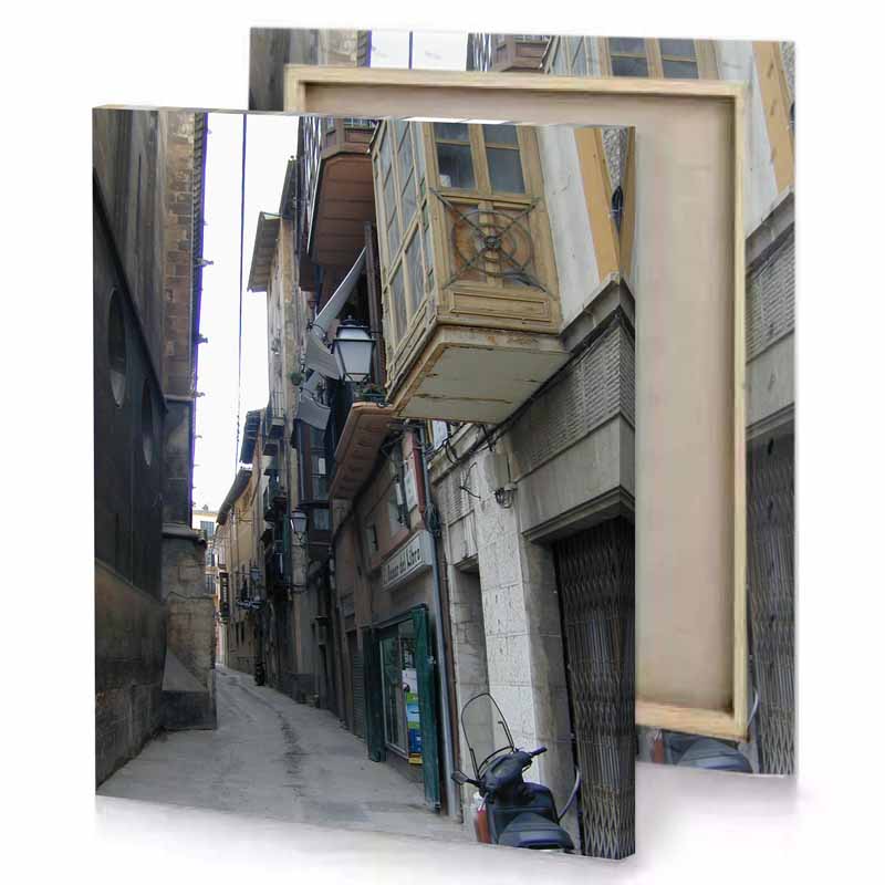 a narrow street with motorcycle parked on the side white smoke canvas