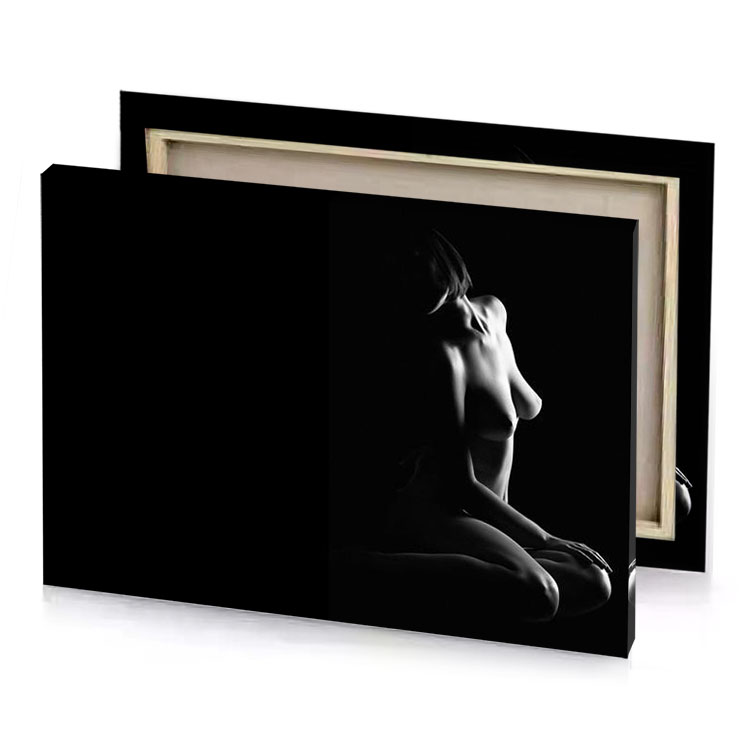 a nude woman sitting on black background platinum canvas