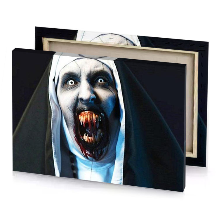 a nun with bloody face and hood on smoky black canvas