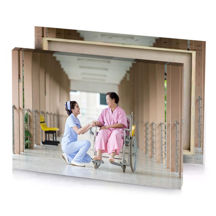 a nurse helping patient in wheelchair white smoke canvas