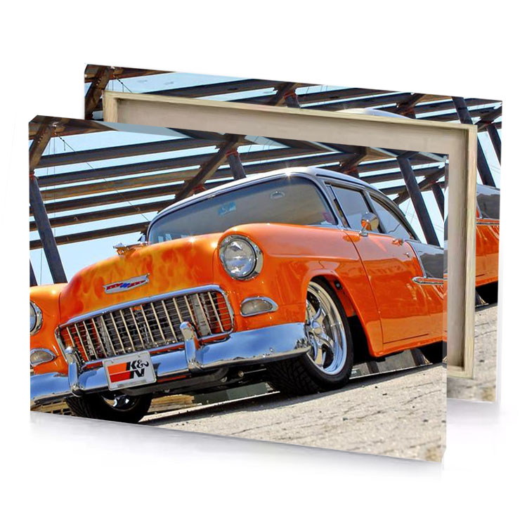 a orange car parked on the side of road mahogany canvas