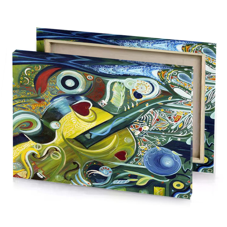 a painting of bird and on green background banana yellow canvas