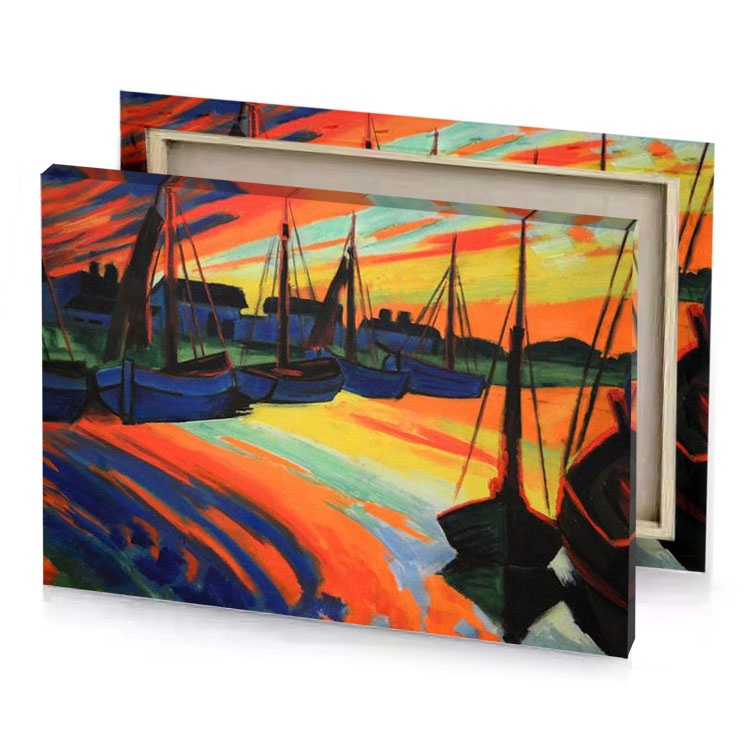 a painting of boats in harbor at sunset banana yellow canvas
