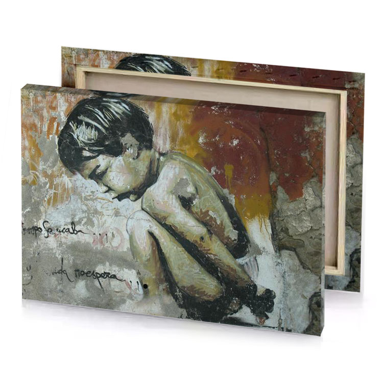 a painting of boy sitting on wall silver canvas