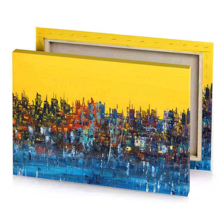 a painting of cityscaing with yellow sky banana canvas