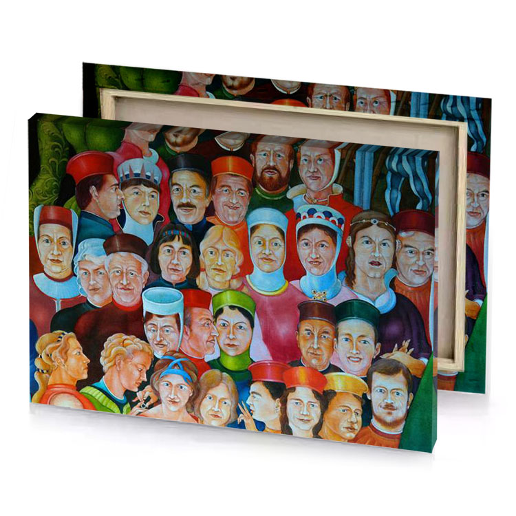 a painting of crowd people brown canvas
