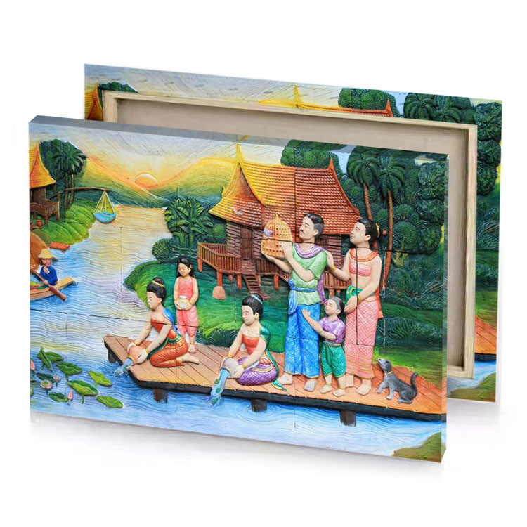 a painting of family on floating island light steel blue canvas