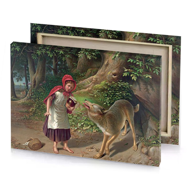 a painting of girl feeding wolf camouflage green canvas