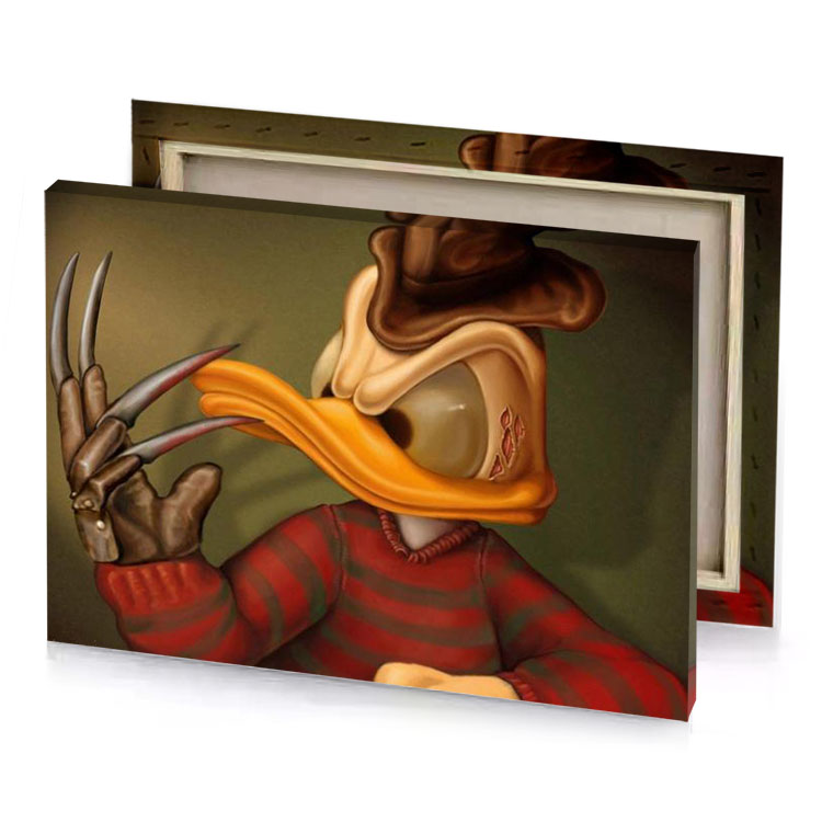 a painting of man with hat and bird carrot orange canvas