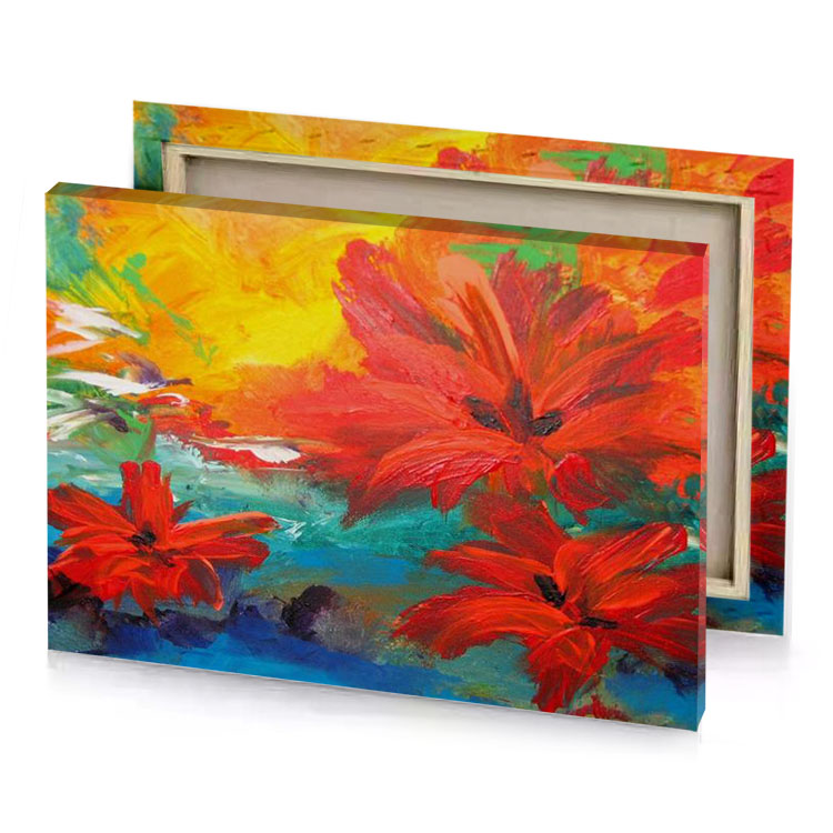 a painting of red flowers on blue background vermilion canvas
