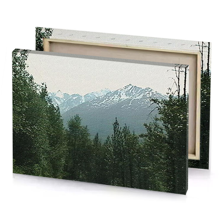 a painting of road with trees and mountains in the light slate gray canvas