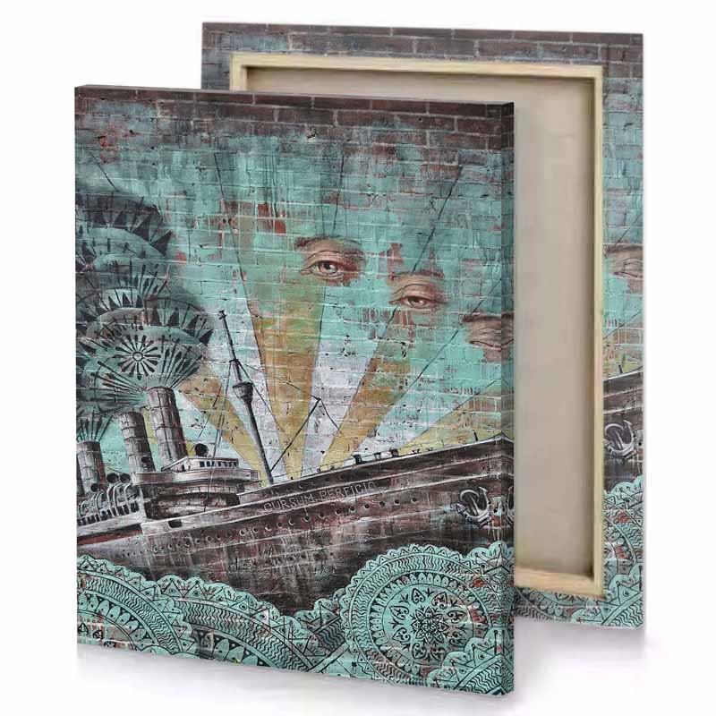 a painting of ship on brick wall rosy brown canvas