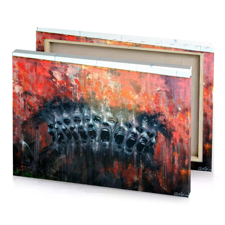 a painting of three faces on fence smoky black canvas