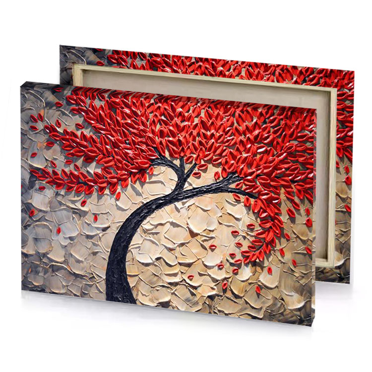 a painting of tree with red leaves canvas