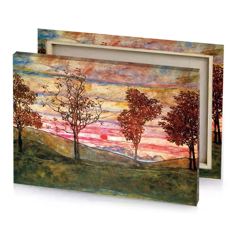 a painting of trees in the sunset dark olive green canvas
