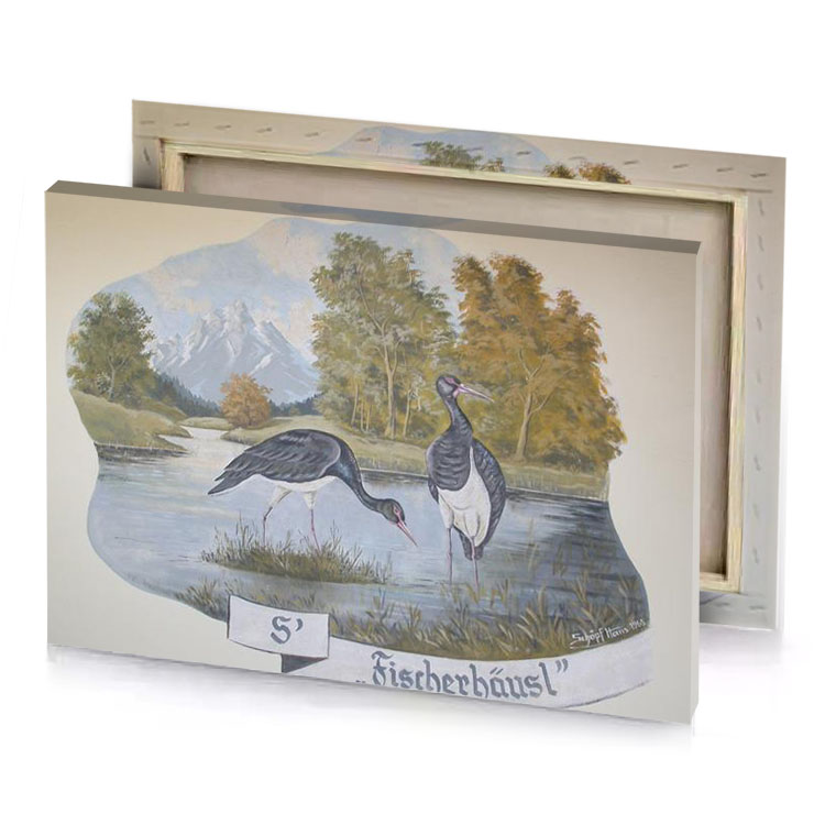 a painting of two birds standing in lake mountbatten pink canvas