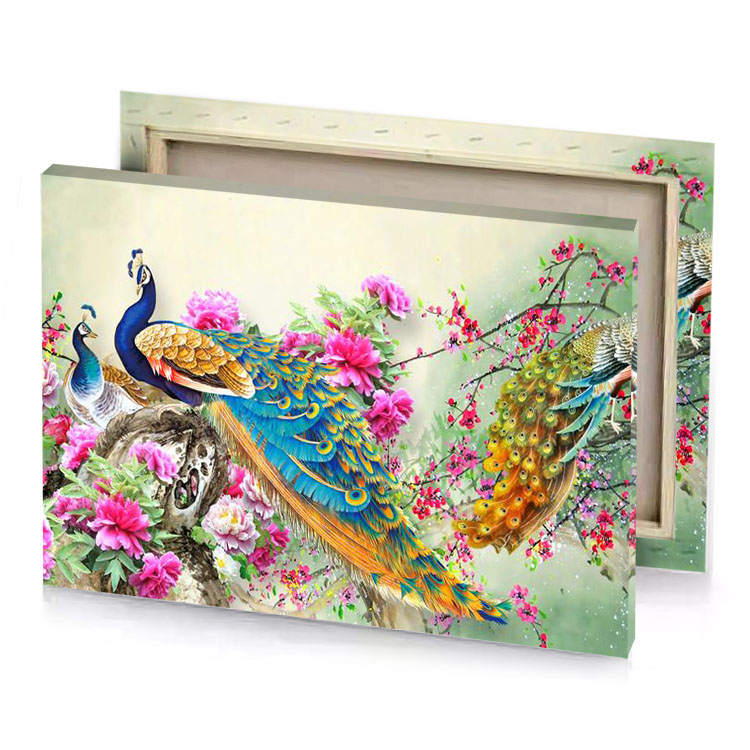 a painting of two peacocks sitting on tree branch beige canvas