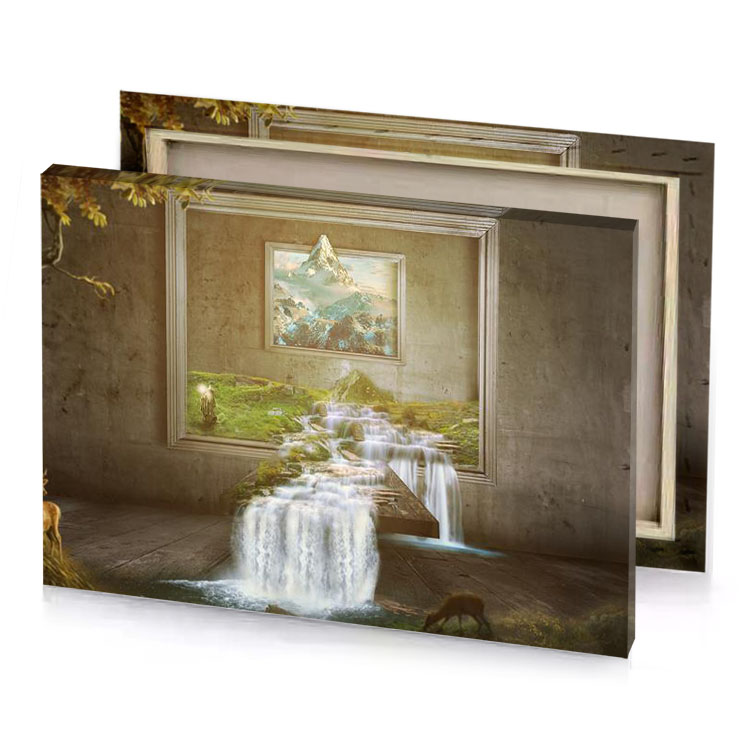 a painting of waterfall in room camouflage green canvas