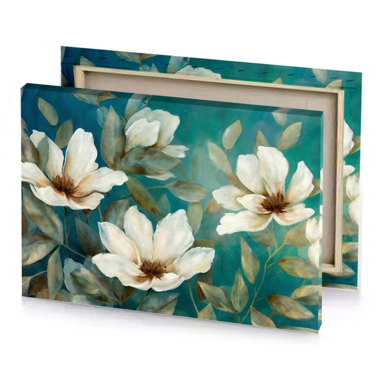 a painting of white flowers on blue background silver canvas