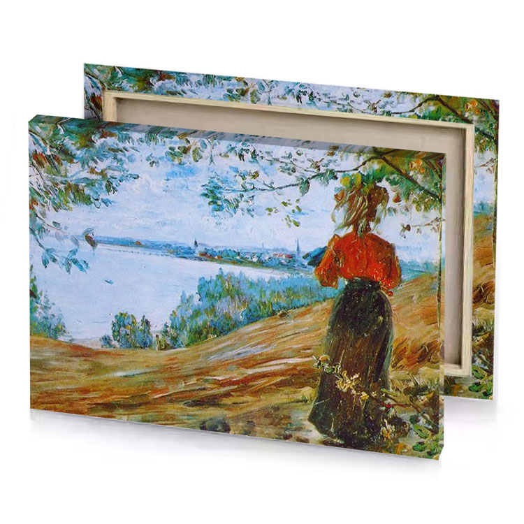 a painting of woman in red dress light steel blue canvas